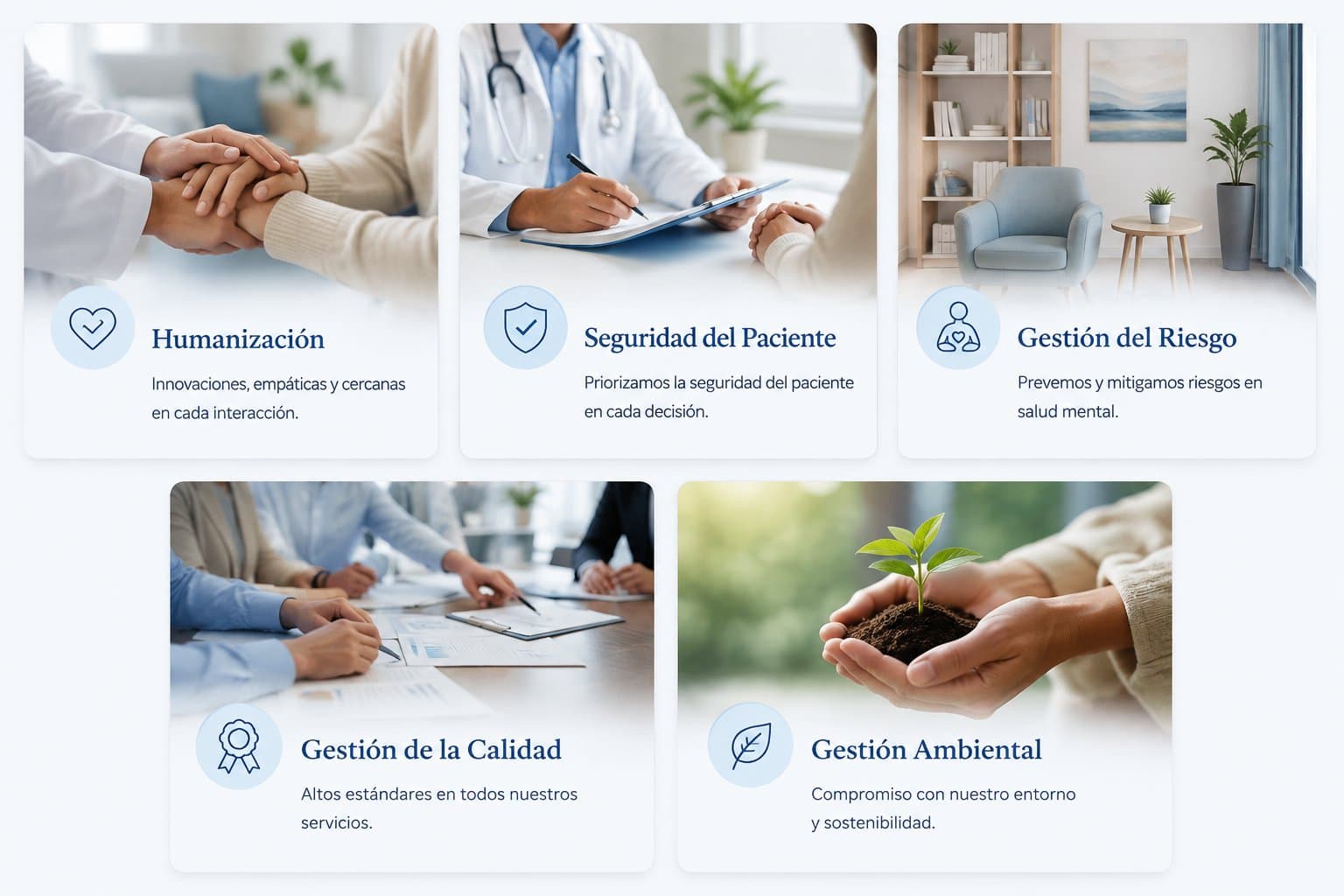 Pilares organizacionales: Humanización, Seguridad del Paciente, Gestión del Riesgo, Gestión de la Calidad, Gestión Ambiental